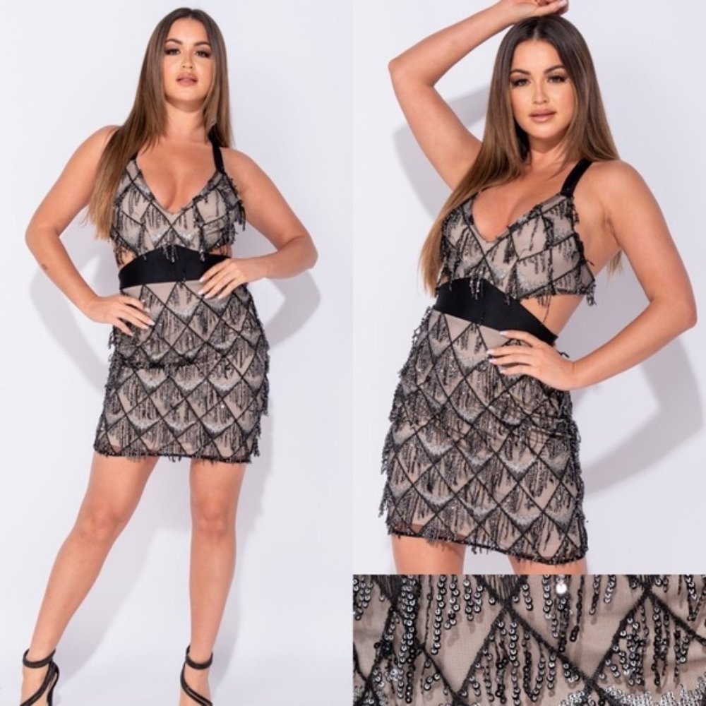 Glitz & Glamour Black Fringe Sequin Mini Dress - Picture 8 of 8